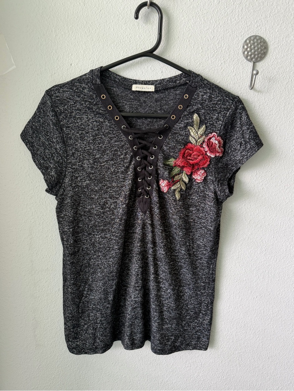 Occasion Charcoal Lace-Up Tee with Red Rose Appliqué